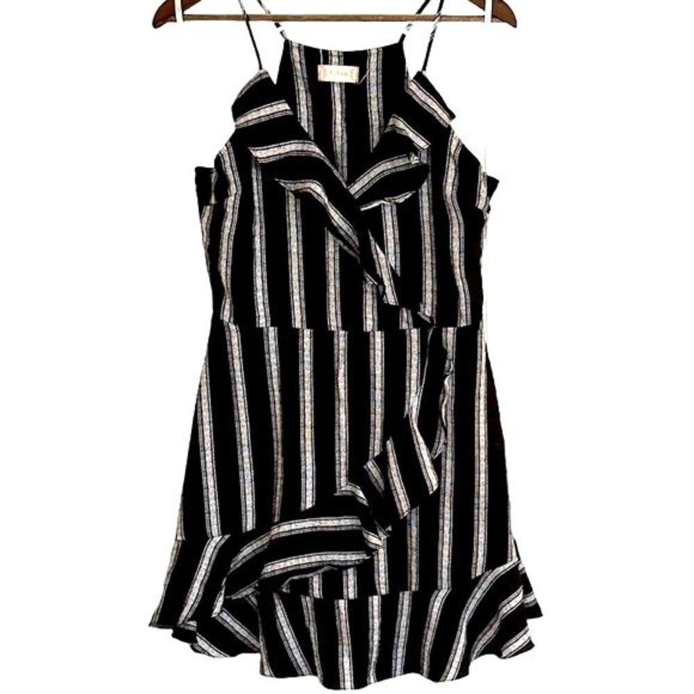 Altered state black and white vertical striped ruffled dress women large